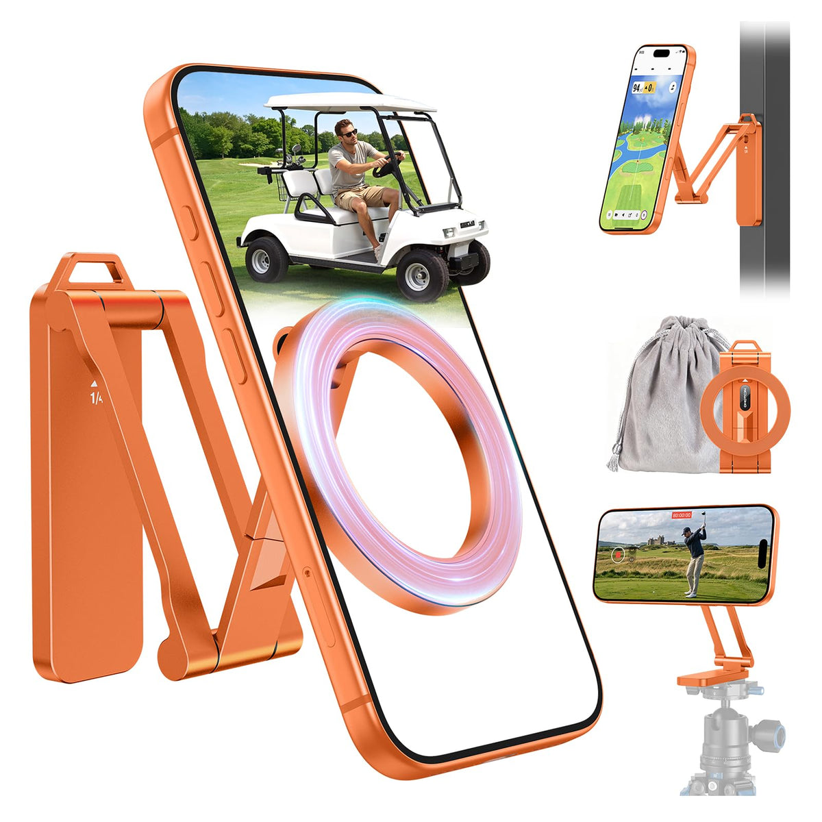 OMOTON CV08 golf cart mount showing 360° rotation for flexible viewing