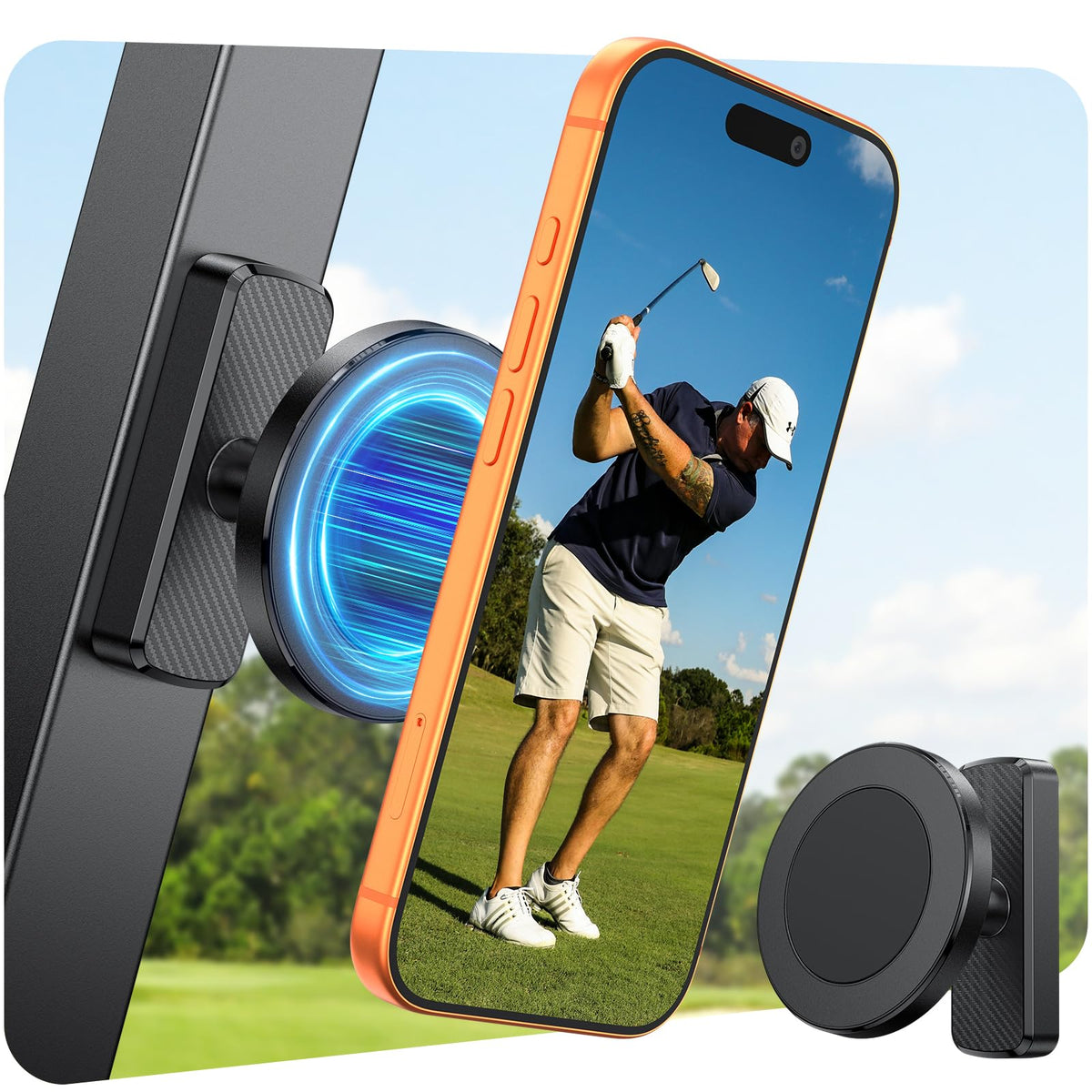 OMOTON Golf Cart Holder with MagSafe base secures phones on metal surfaces during rides.
