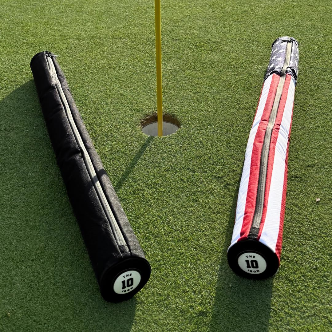On-course action with seven cans inside Ten Iron sleeve during play.