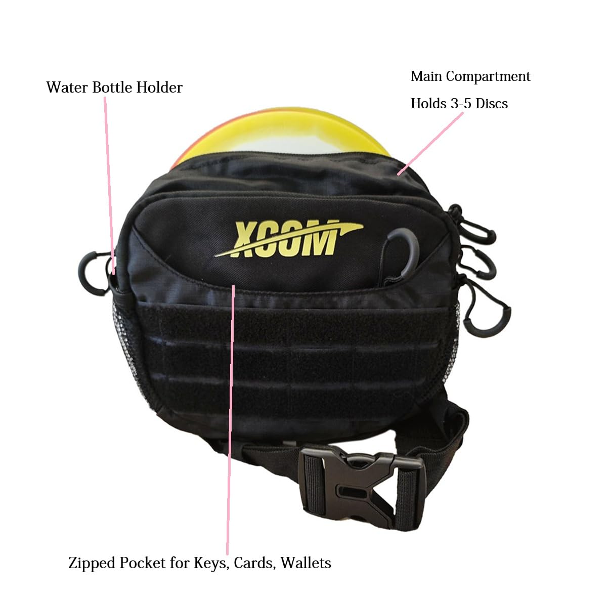 ONEATTACK disc golf starter bag three zip pockets keep discs and essentials organized.