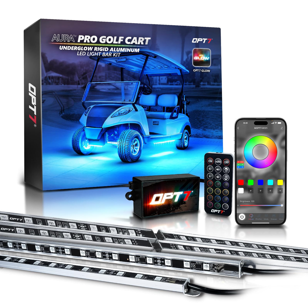 OPT7 Aura Pro 24in LED bars front view for bright underglow and visibility.