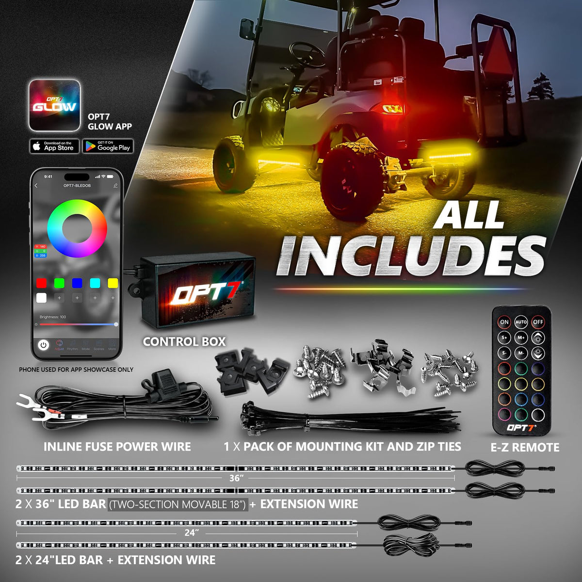 OPT7 Aura Pro music-sync mode lights with your cart’s soundtrack.