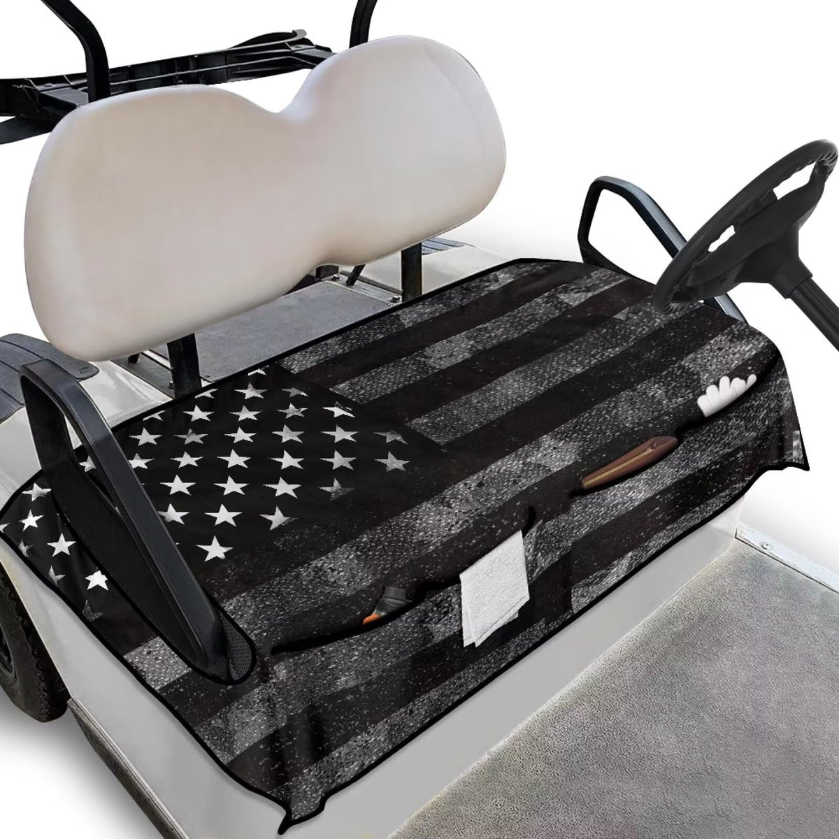 Oramclsy American Flag seat cover on a golf cart, protects seats with patriotic style