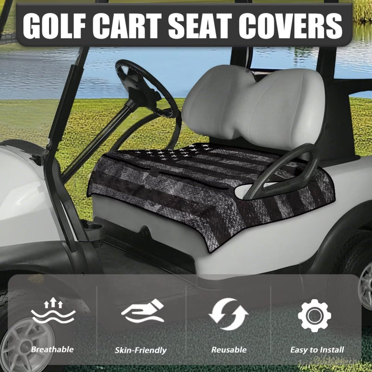 Oramclsy American Flag seat cover installed in cart, seamless fit