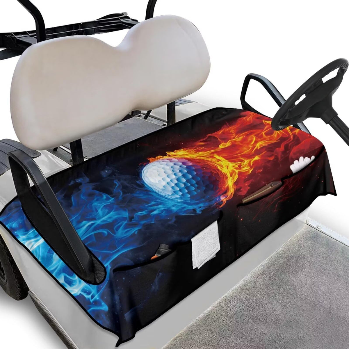 Oramclsy Flame golf cart seat cover, front view showing fit and style.