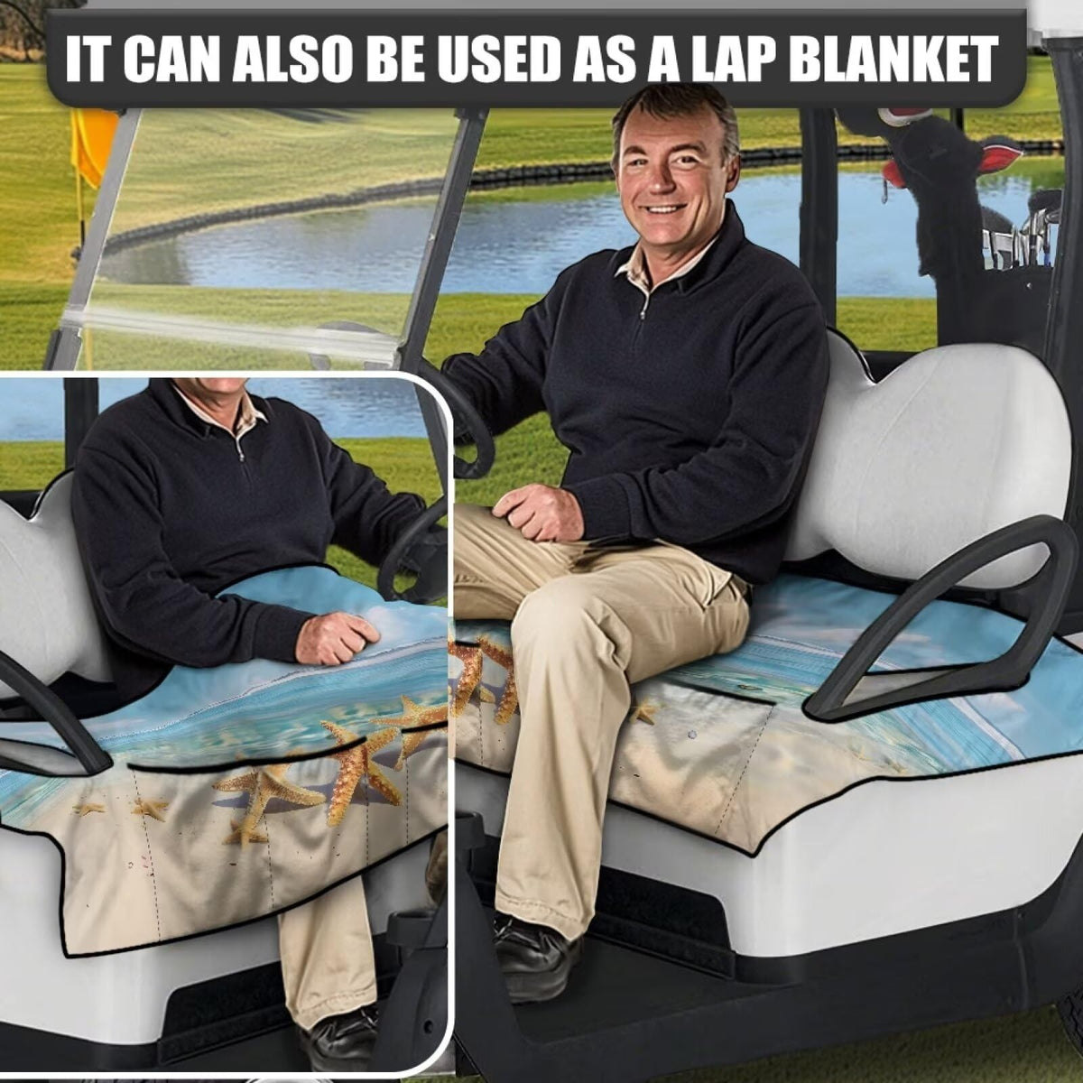 Oramclsy golf pattern seat cover helps keep seats clean on the course.