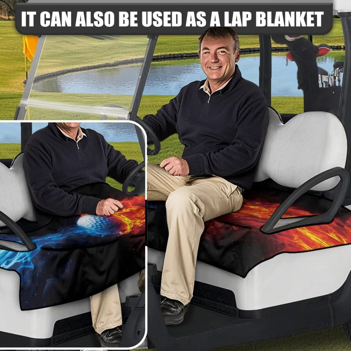 Protective seat cover guards against dust and wear on a golf cart.