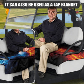 Protective seat cover guards against dust and wear on a golf cart.