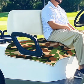 Universal-fit ORIGACH seat cover over double-seat cart with armrests.