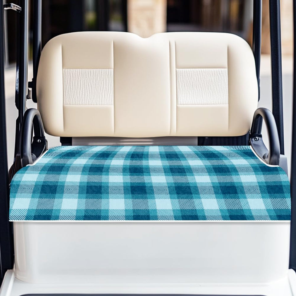 ORIGACH blue plaid universal seat cover for two-seat golf carts protects seats and adds comfort.
