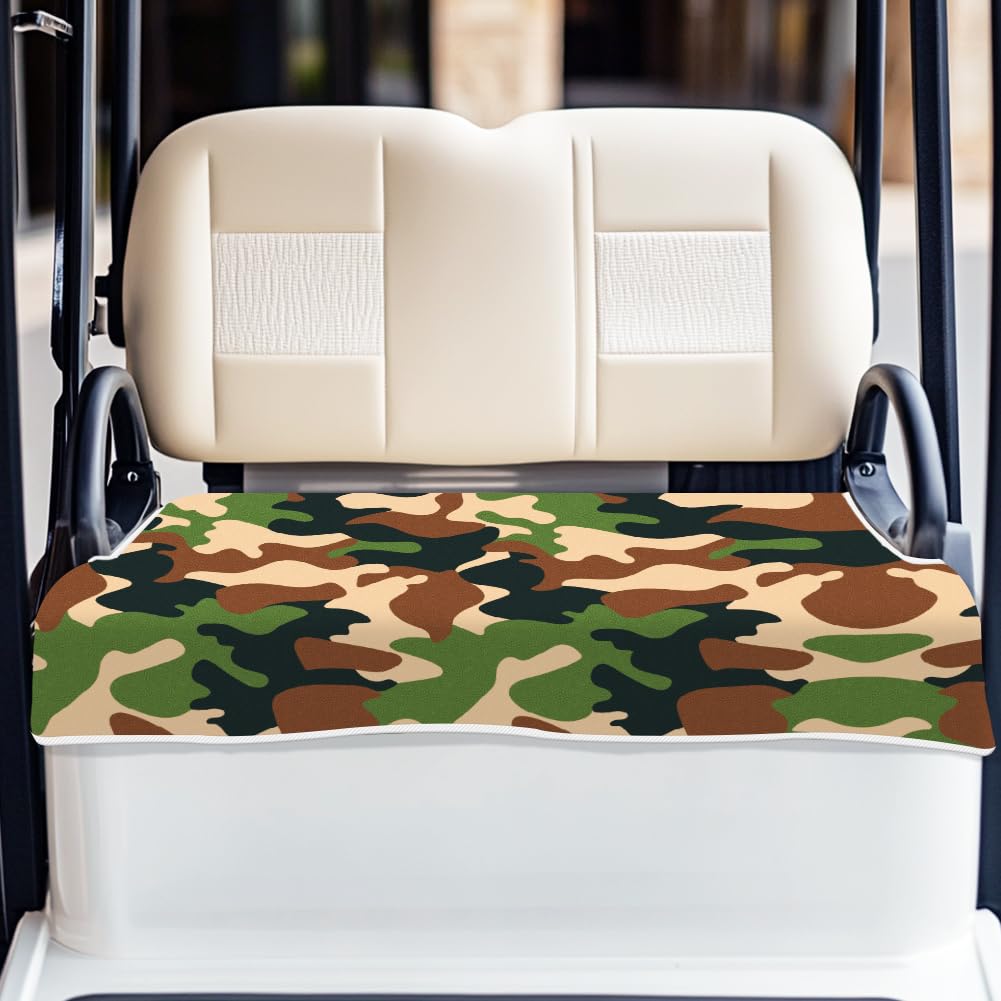 ORIGACH Classic camouflage seat cover on EZGO/Club Car cart; universal fit and protection.