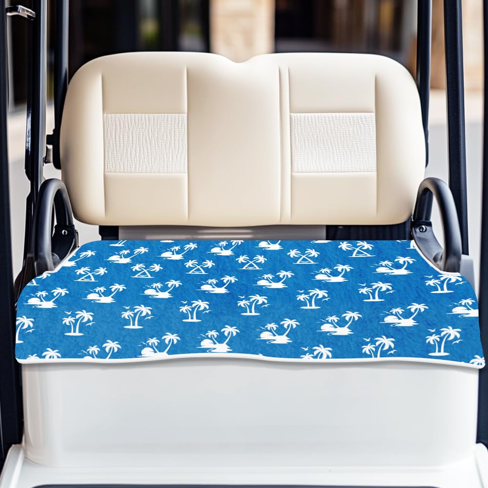 ORIGACH coconut tree seat cover on EZGO cart with tropical vibe and soft cooling microfiber