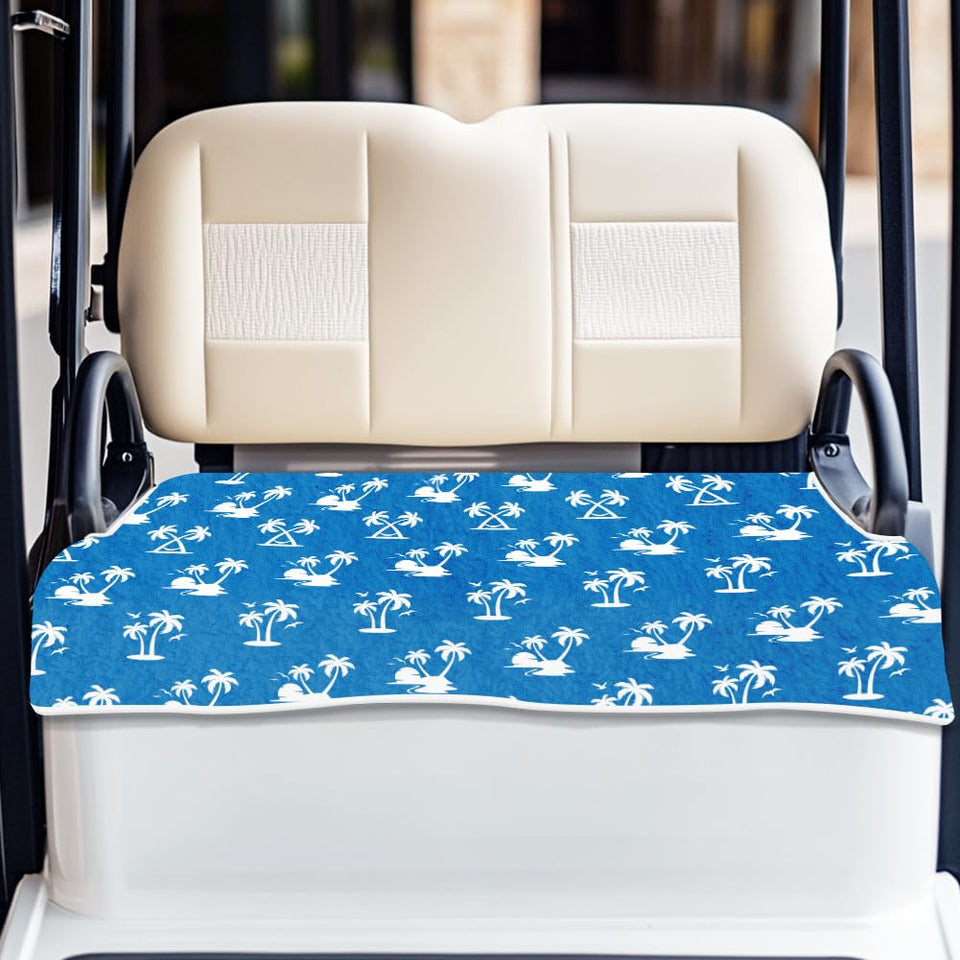 ORIGACH coconut tree seat cover on EZGO cart with tropical vibe and soft cooling microfiber