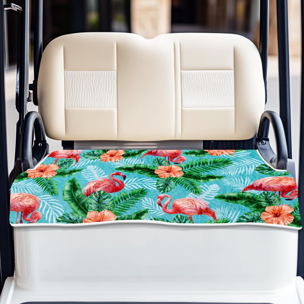 ORIGACH Flamingos seat cover on a golf cart provides cooling comfort during sunny rounds.