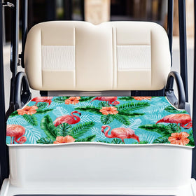 ORIGACH Flamingos seat cover on a golf cart provides cooling comfort during sunny rounds.