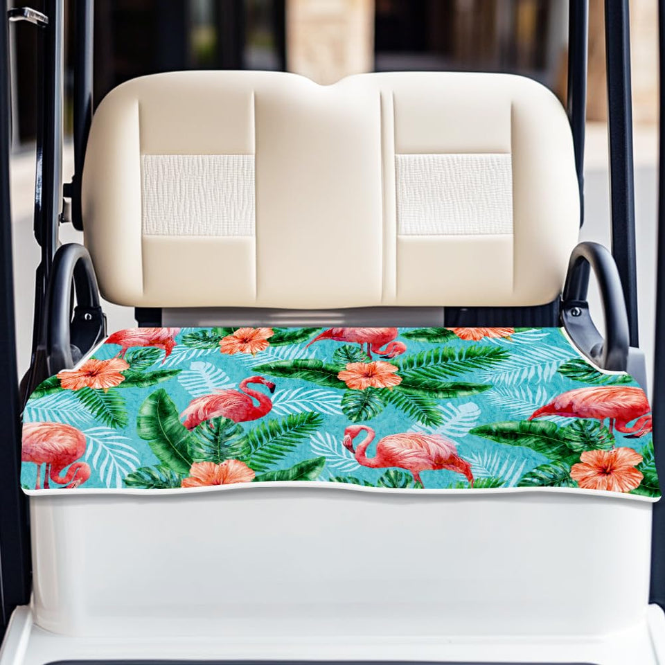 ORIGACH Flamingos seat cover on a golf cart provides cooling comfort during sunny rounds.