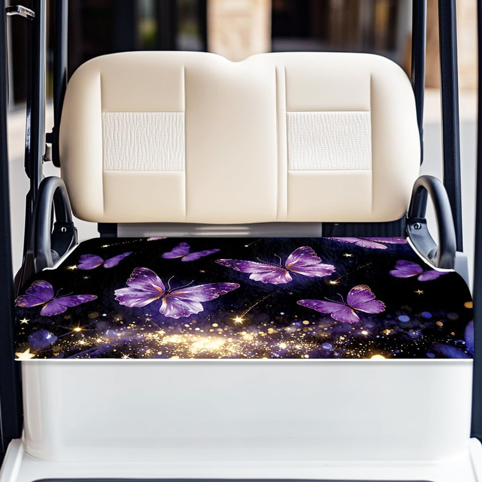 Origach golf cart seat cover in purple butterfly pattern adds color and style.