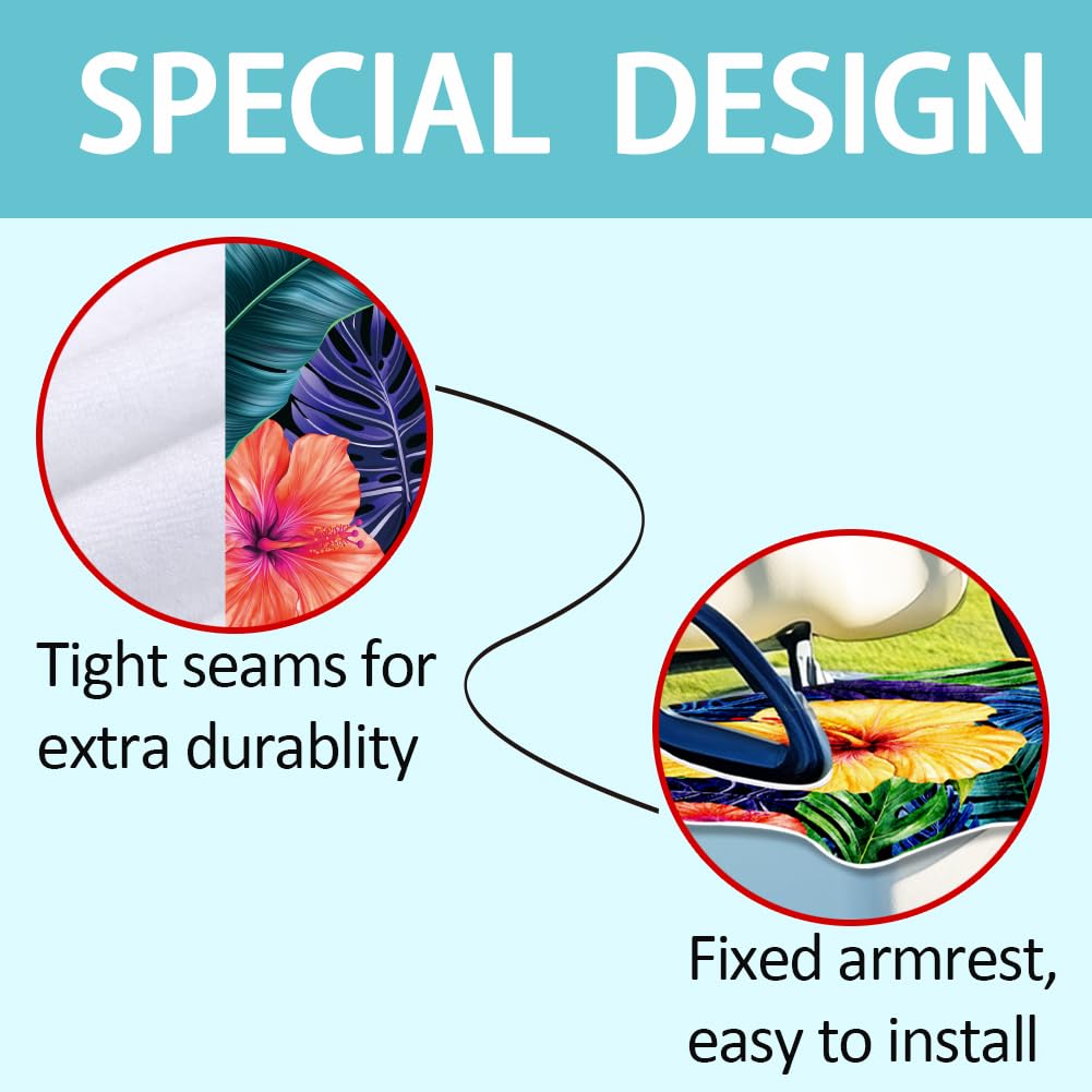 ORIGACH tropical-print seat cover adds vibrant style while protecting seats from sweat.