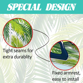 Seat cover pattern features lush palm fronds in green and gold hues.