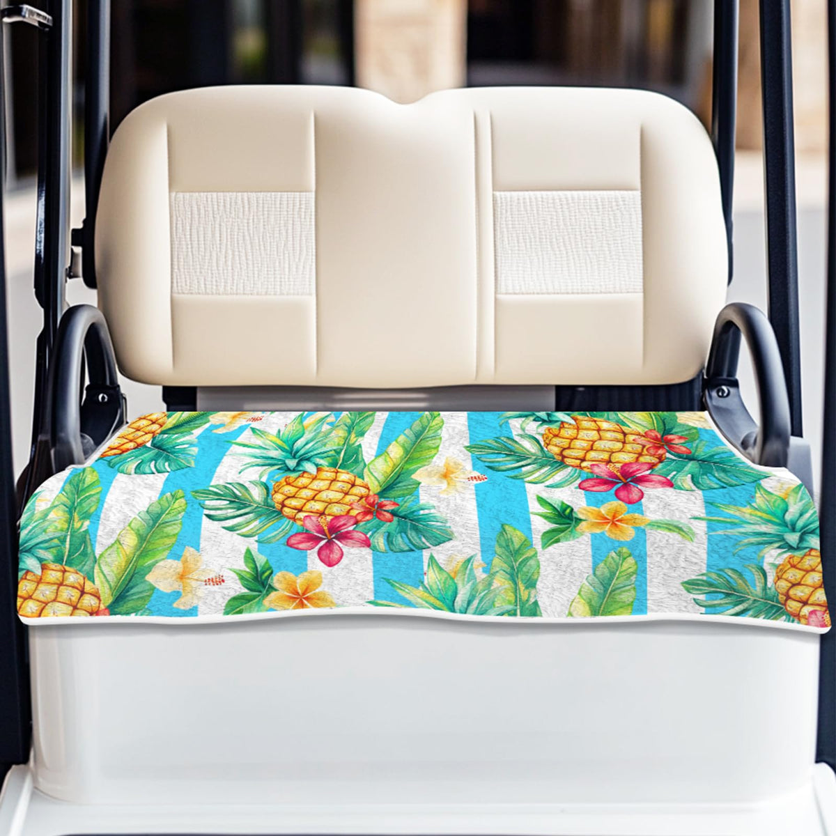 ORIGACH pineapple seat cover on a golf cart seat offering cooling comfort