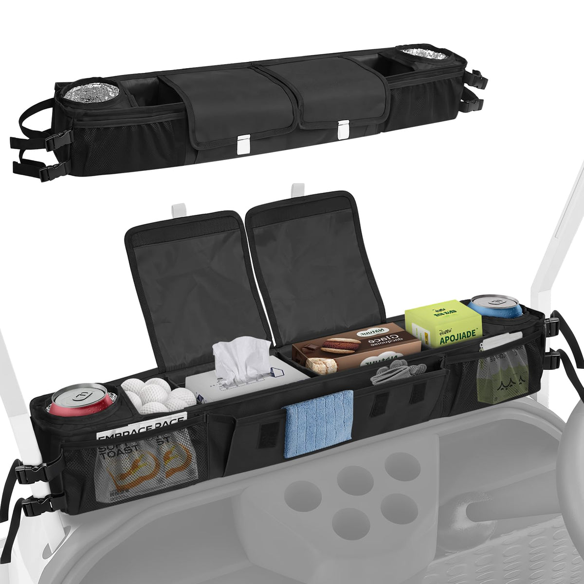 ORKELS Foldable Golf Cart Storage Basket front view shows quick install for EZGO and Club Car.