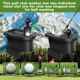 Orle Oko golf ball washer in action cleaning ball surface on course.