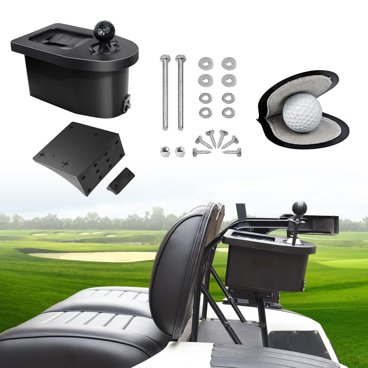 Orle Oko golf ball washer mounted on cart side bracket for easy cleaning.