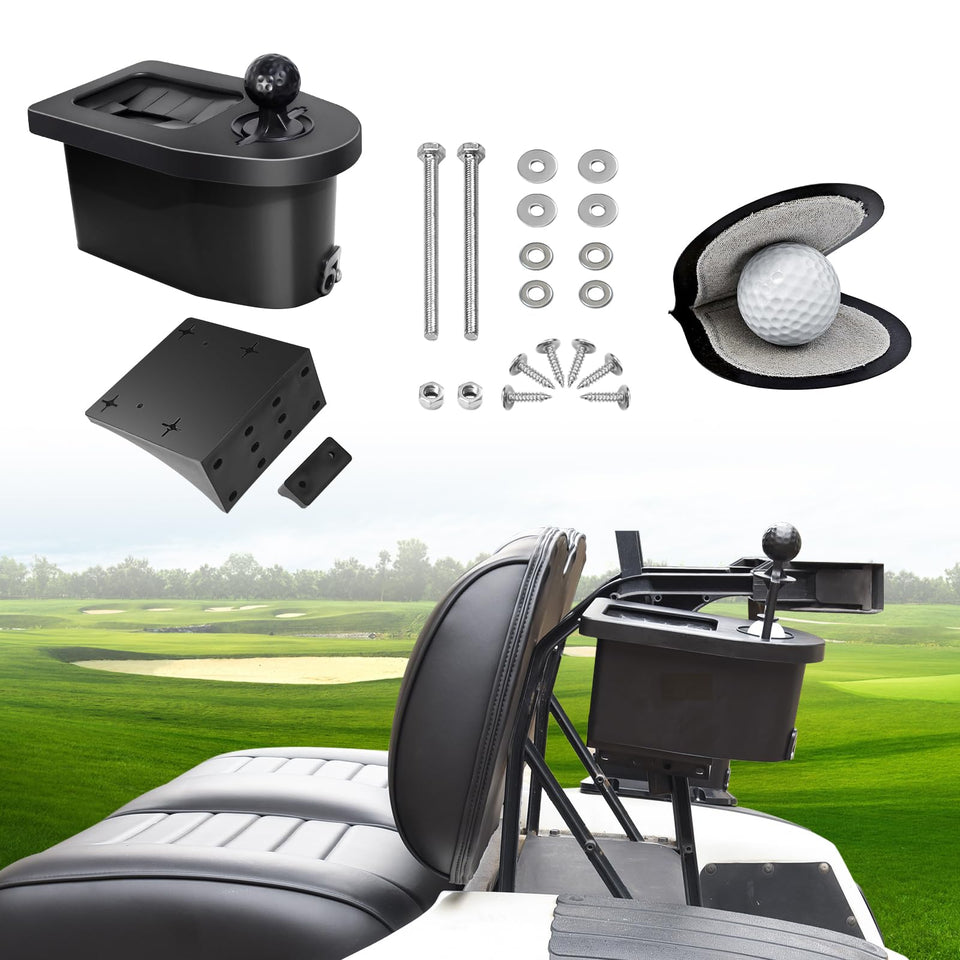 Orle Oko golf ball washer mounted on cart side bracket for easy cleaning.