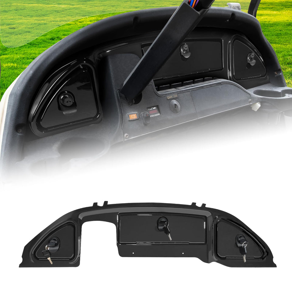 Orle Oko golf cart dash cover front view with black finish and polished dashboard appearance.