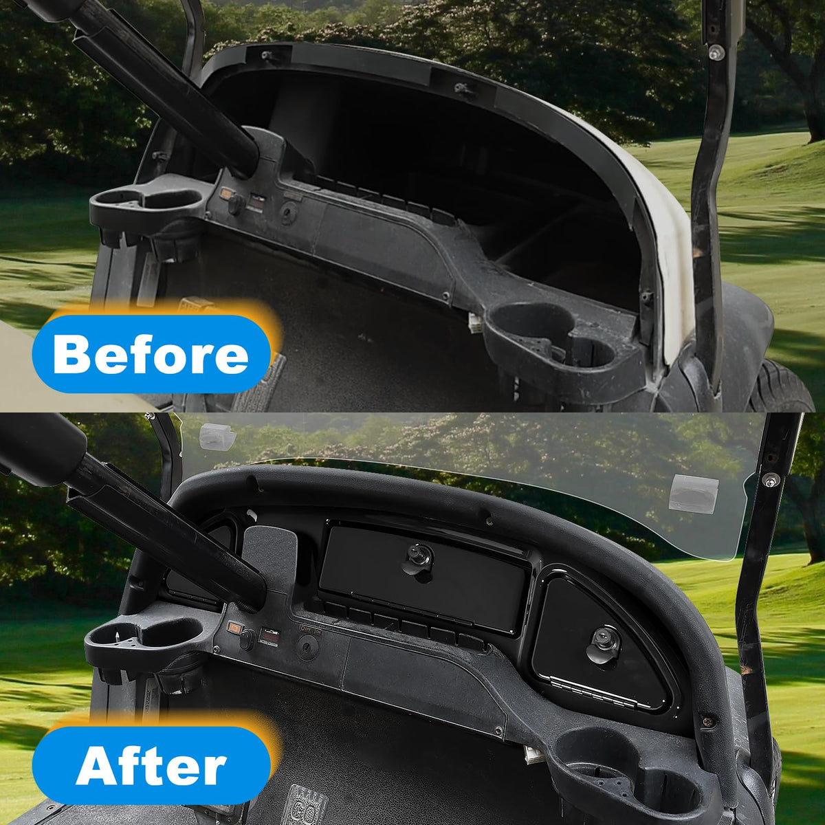 Orle Oko golf cart dash cover lockable compartments for secure valuables during rides.