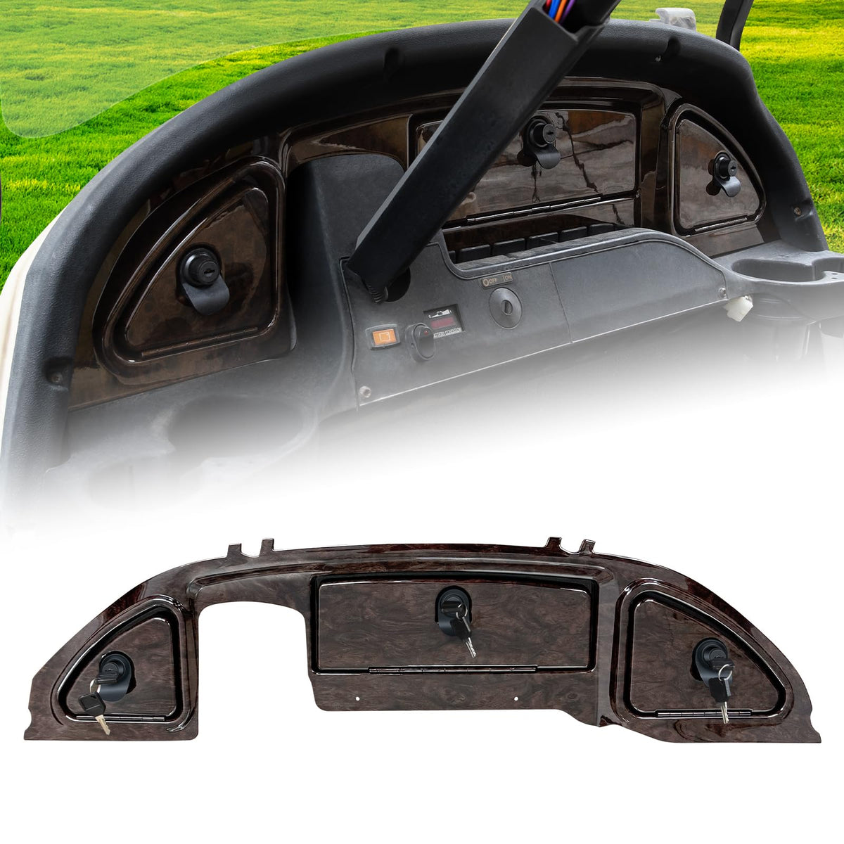 Orle Oko golf cart dash cover with wood grain finish protects your dashboard