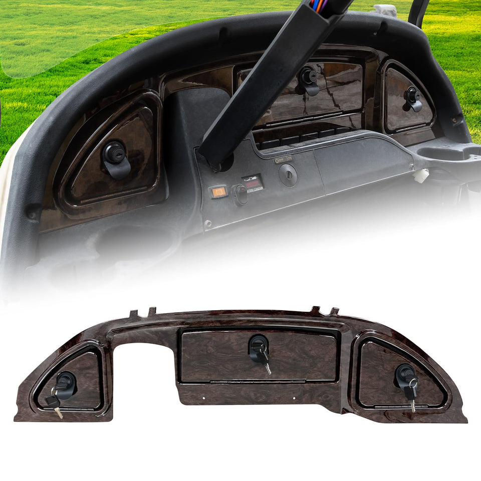 Orle Oko golf cart dash cover with wood grain finish protects your dashboard