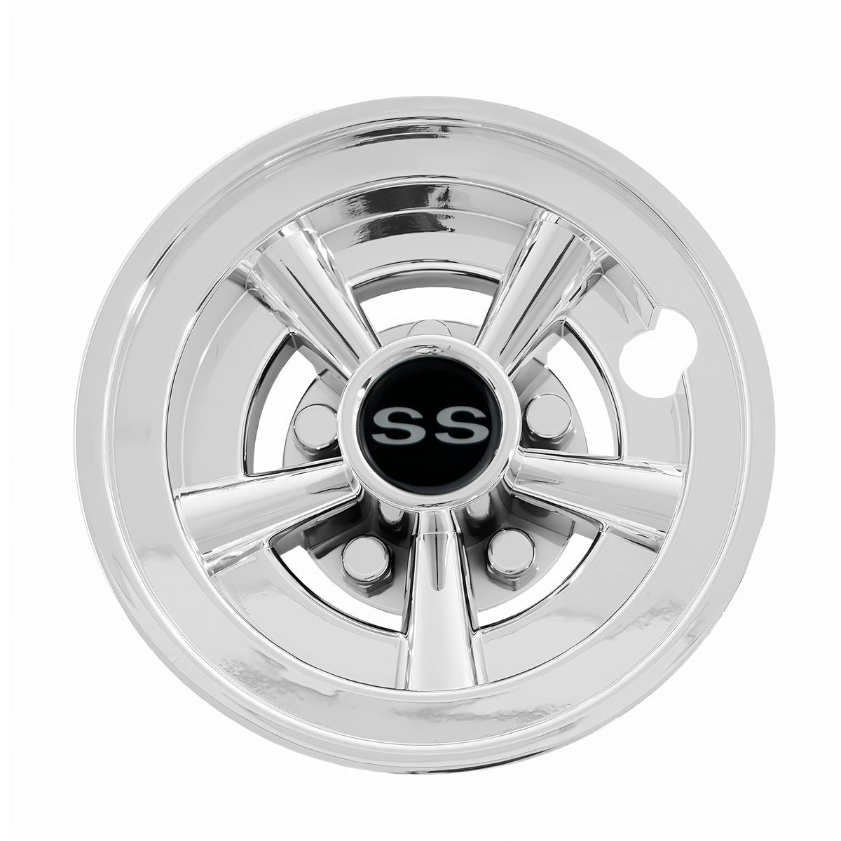 Chrome finish close-up highlights mag-wheel style on golf cart