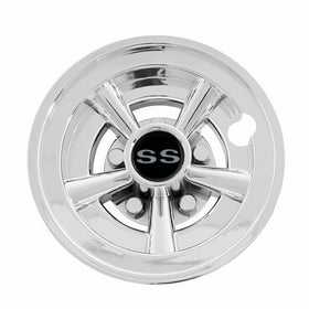 Chrome finish close-up highlights mag-wheel style on golf cart