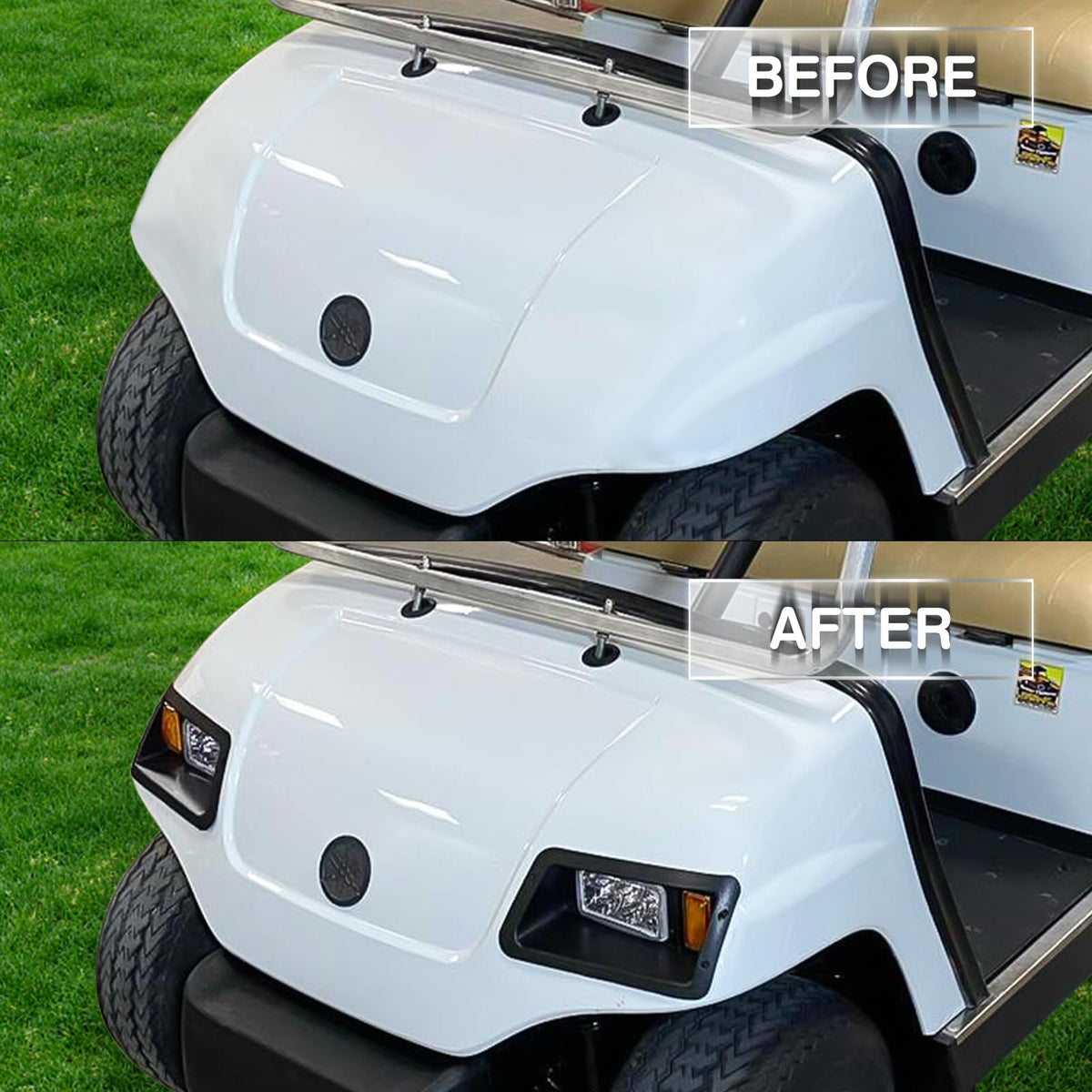 Orle Oko headlights installed on Yamaha golf cart for improved visibility.