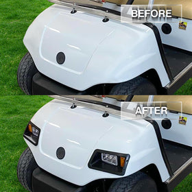 Orle Oko headlights installed on Yamaha golf cart for improved visibility.