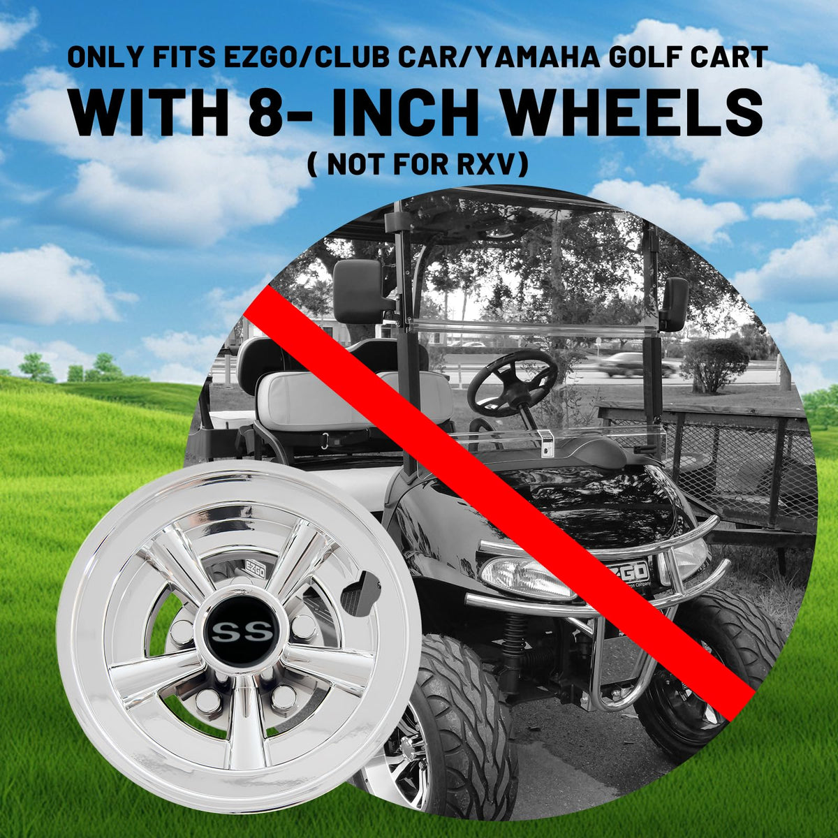 Orle Oko 8-inch wheel cover fits EZGO, Club Car, Yamaha securely