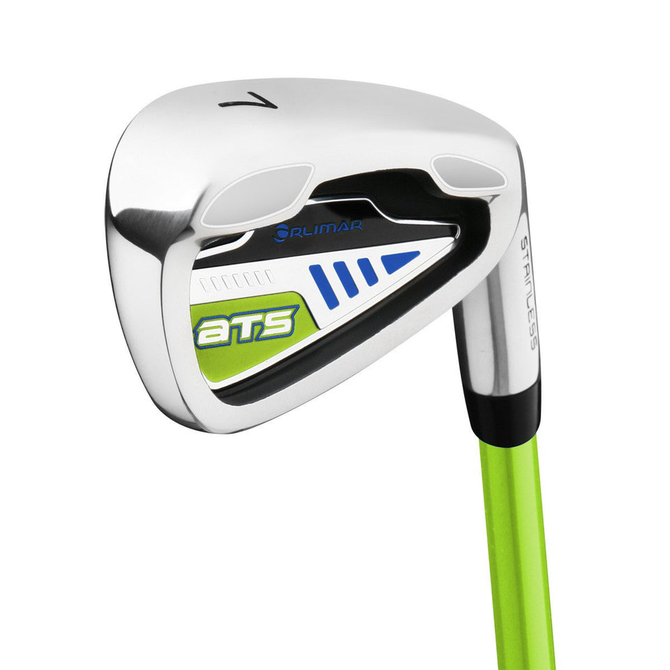 Orlimar ATS junior 7-iron lime blue head promotes a higher launch for beginners.
