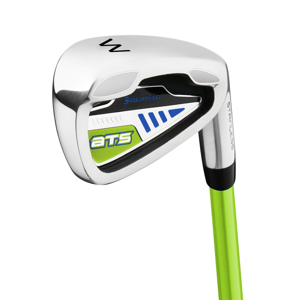 Orlimar ATS Junior left-handed pitching wedge with lime/blue finish improves course visibility.