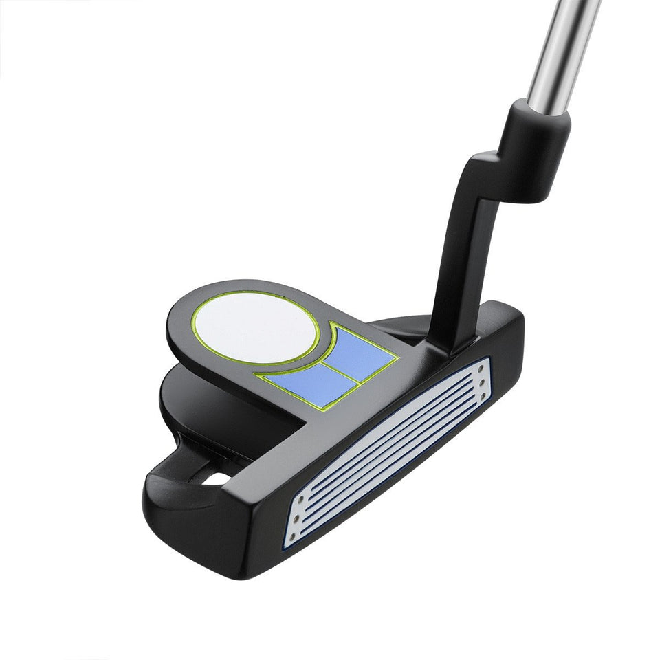 Orlimar ATS junior putter with mallet head in blue and lime enhances stability for beginners.