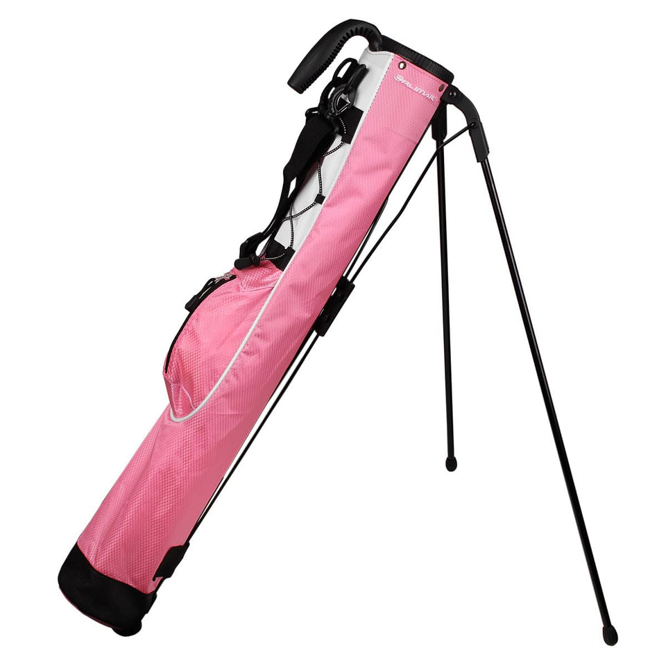 Orlimar Pitch ’n Putt Rose Pink bag worn on the shoulder for easy carry.