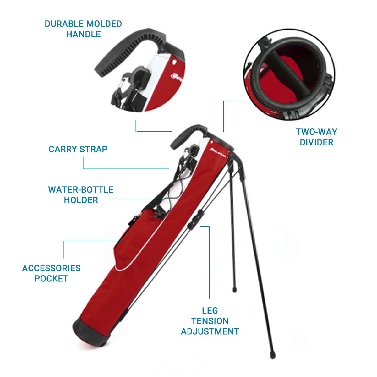 Orlimar Pitch and Putt bag two way divider top keeps clubs neatly separated.