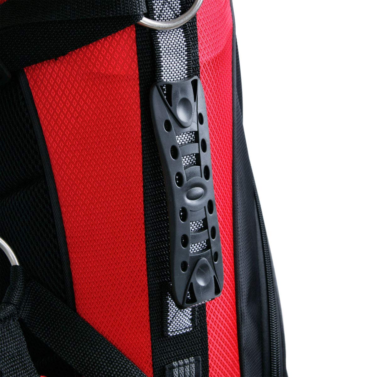 Orlimar SRX 56 stand bag rain hood demonstrates weather protection between holes.