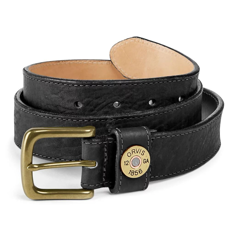 Orvis Shotshell Bison Leather Belt front view with brass shell, durable finish for daily wear