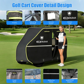 Osmudax golf cart cover rear view emphasizing storage bag and secure straps