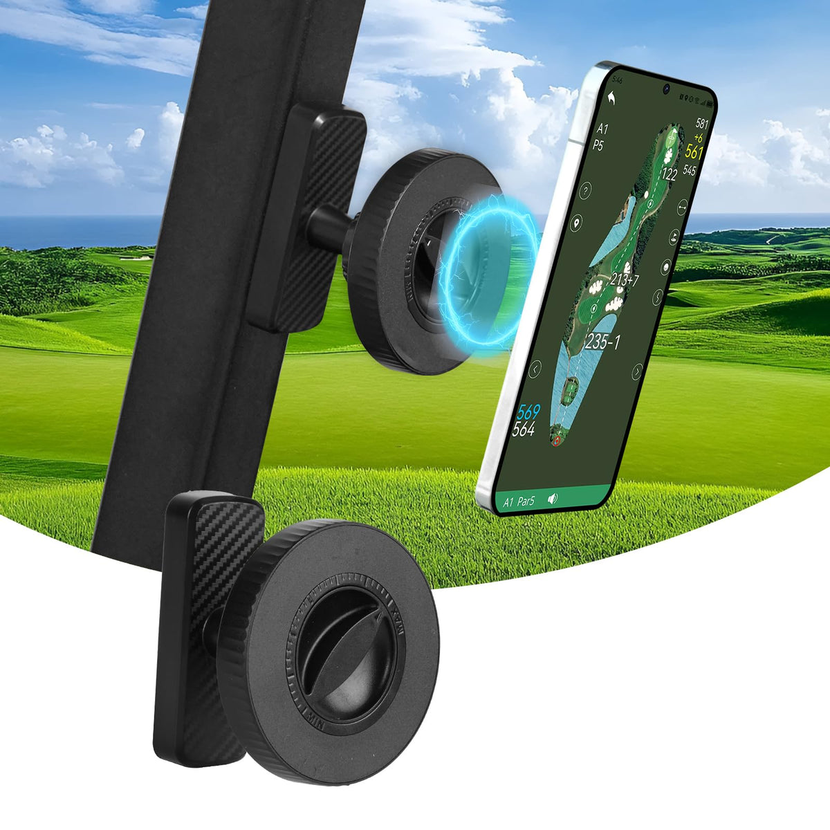 OUGEDRIVE magnetic golf cart holder secures your phone on rough terrain.