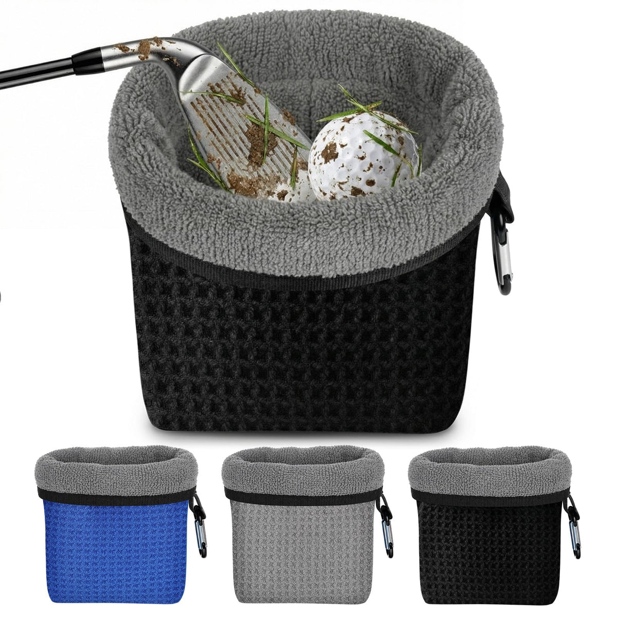 Outus golf club cleaning bag featuring waffle grid exterior for thorough groove cleaning.