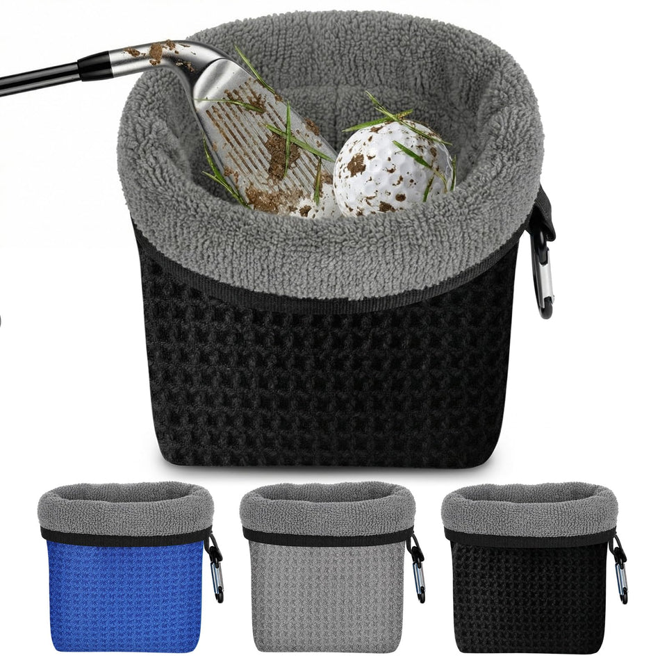 Outus golf club cleaning bag featuring waffle grid exterior for thorough groove cleaning.