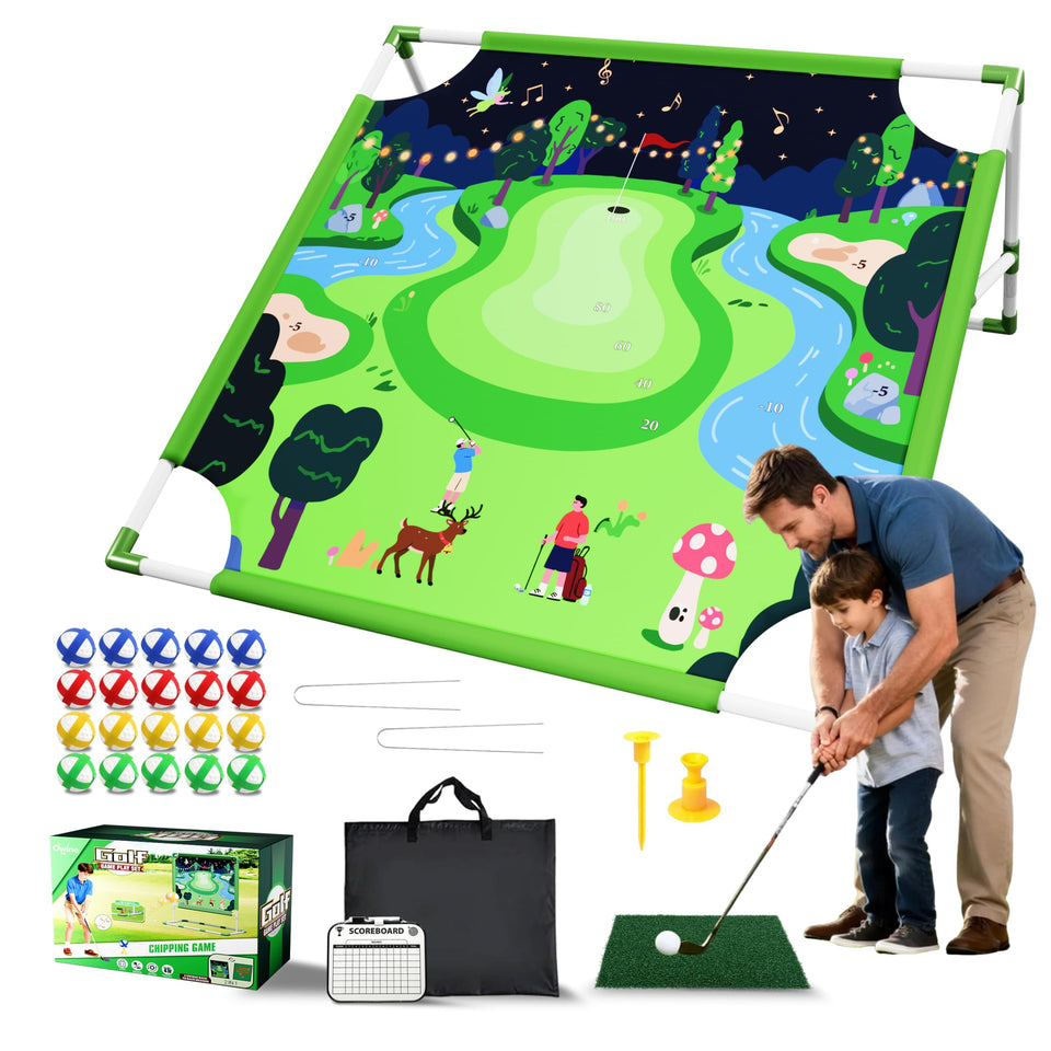 Owine golf chipping game set front view with dual sided mat for practice and fun