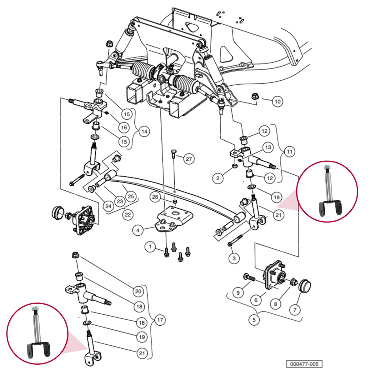 OXTOUF kit contents include king pin assemblies and bushings for complete front-end repair.